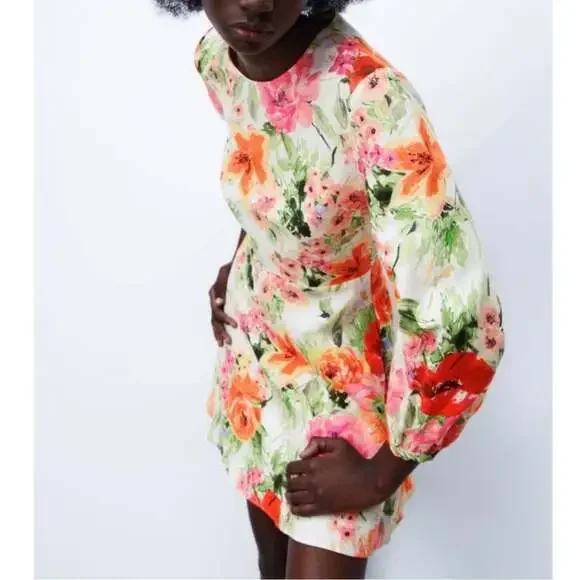 NWT ZARA Floral Print Linen Blend Mini Dress with Open Back - Picture 4 of 11